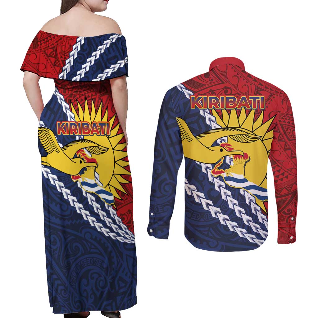 Kiribati Independence Day Couples Matching Off Shoulder Maxi Dress and Long Sleeve Button Shirt Polynesian and Melanesian Art Tattoo LT03 - Polynesian Pride