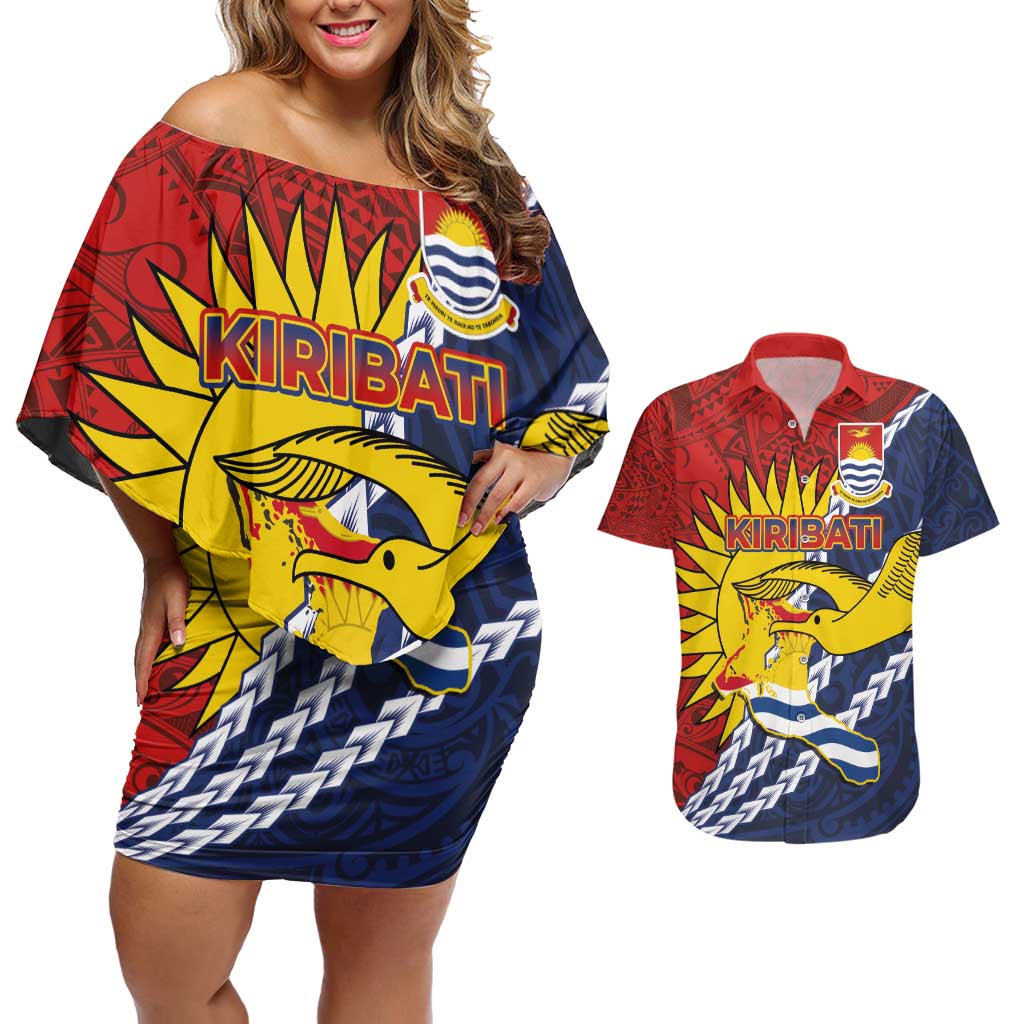 Kiribati Independence Day Couples Matching Off Shoulder Short Dress and Hawaiian Shirt Polynesian and Melanesian Art Tattoo LT03 Red - Polynesian Pride