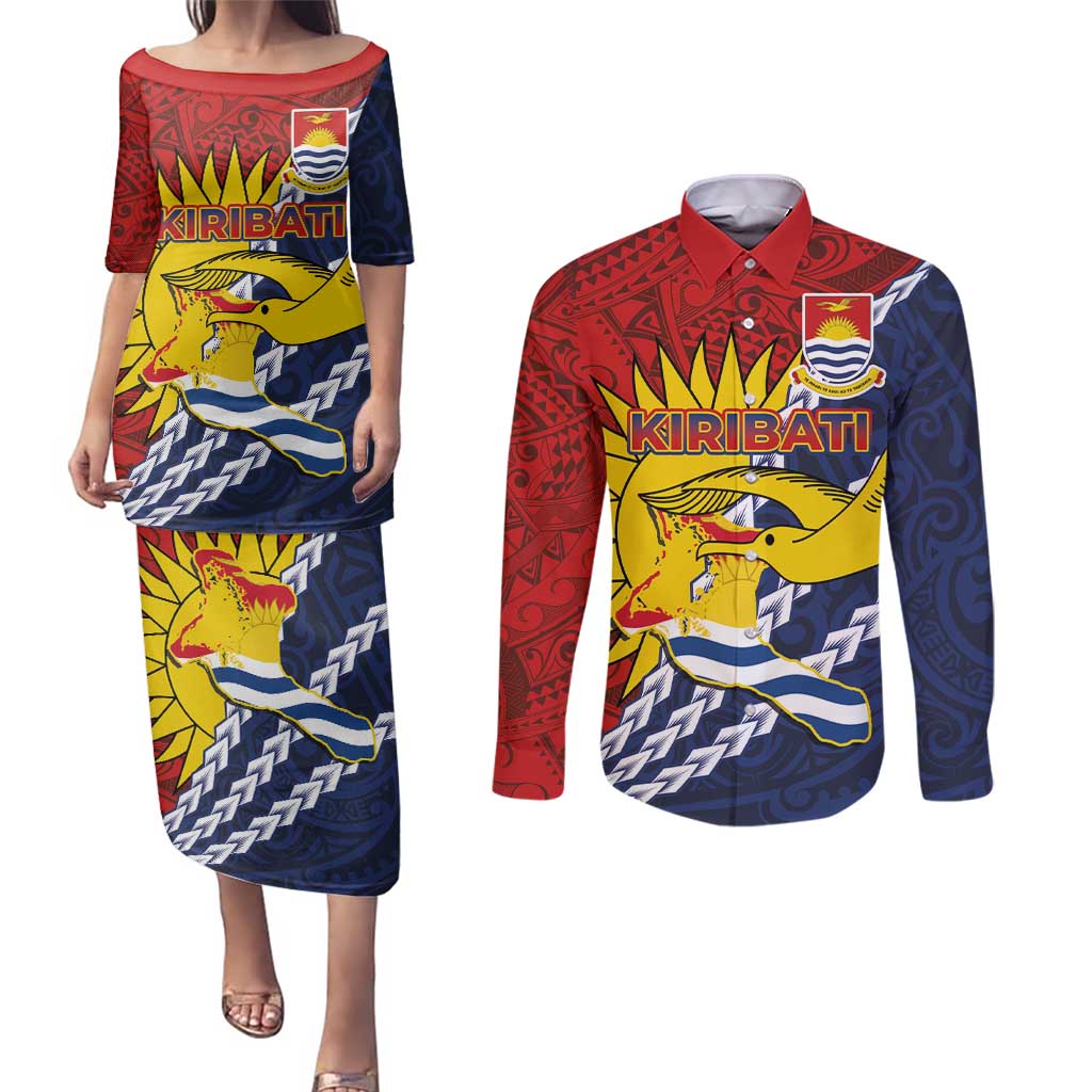 Kiribati Independence Day Couples Matching Puletasi and Long Sleeve Button Shirt Polynesian and Melanesian Art Tattoo LT03 Red - Polynesian Pride