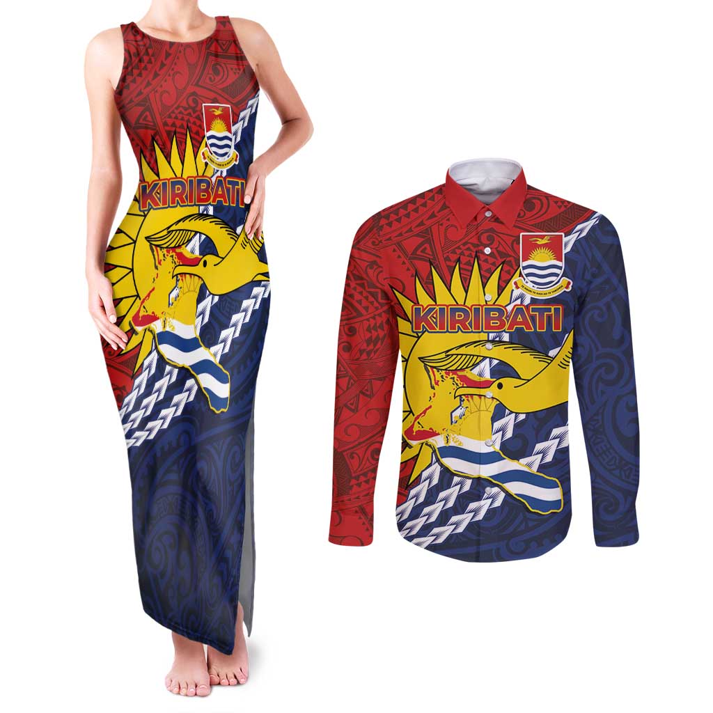 Kiribati Independence Day Couples Matching Tank Maxi Dress and Long Sleeve Button Shirt Polynesian and Melanesian Art Tattoo LT03 Red - Polynesian Pride