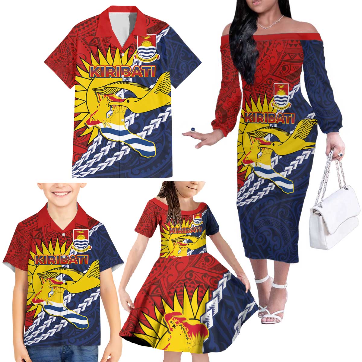 Kiribati Independence Day Family Matching Off The Shoulder Long Sleeve Dress and Hawaiian Shirt Polynesian and Melanesian Art Tattoo