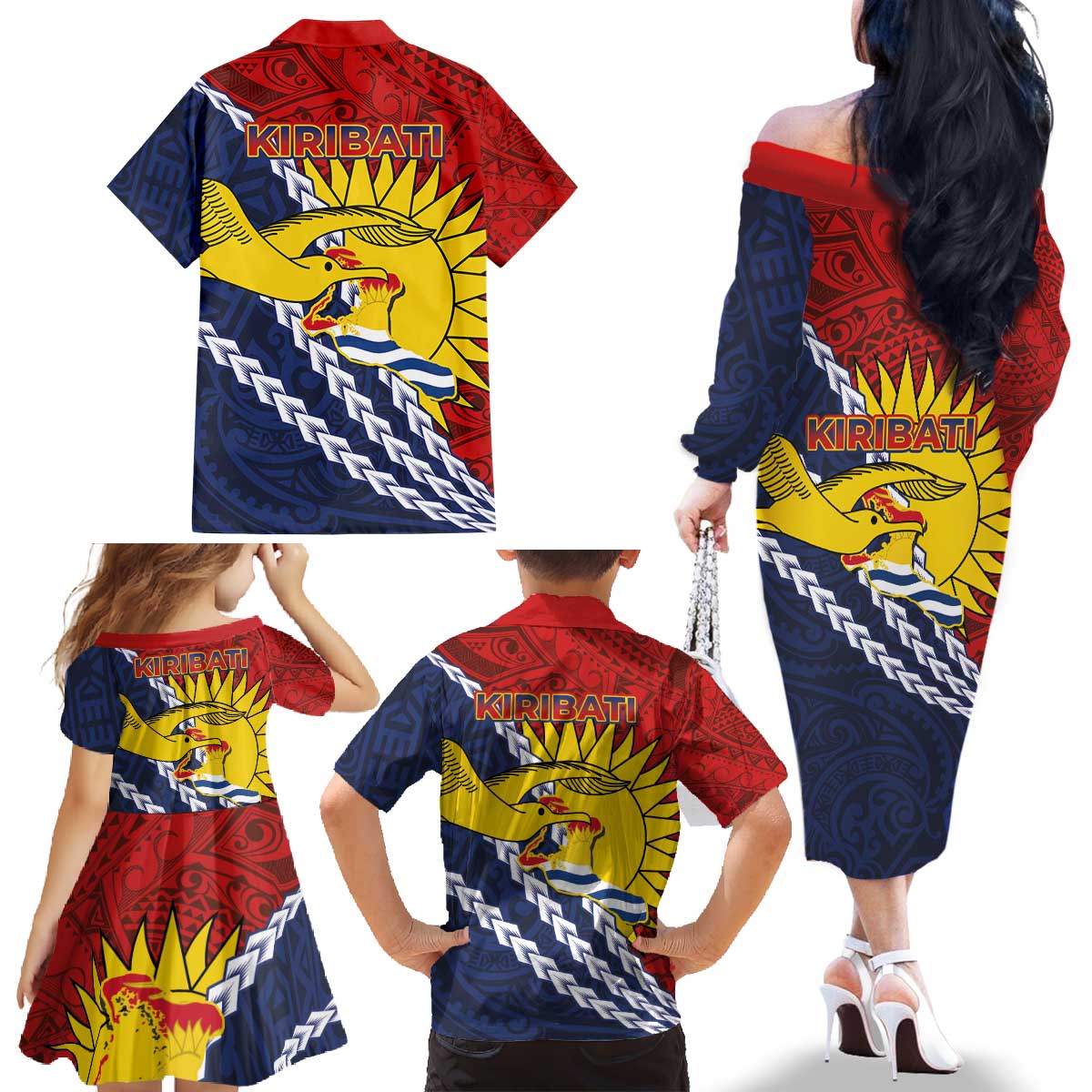 Kiribati Independence Day Family Matching Off The Shoulder Long Sleeve Dress and Hawaiian Shirt Polynesian and Melanesian Art Tattoo