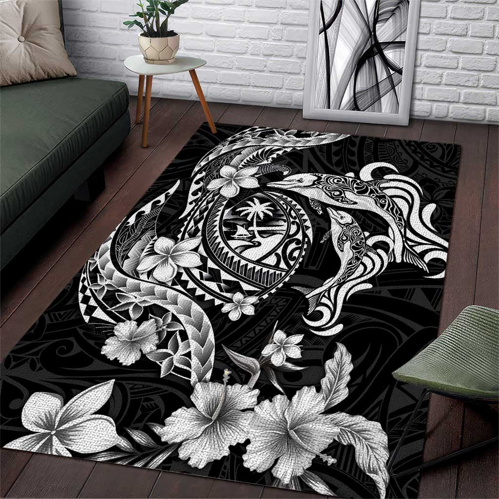 Guam Dolphins Tribal Tattoo Area Rug Polynesian Art and Tropical Flower Grayscale LT03 Black - Polynesian Pride