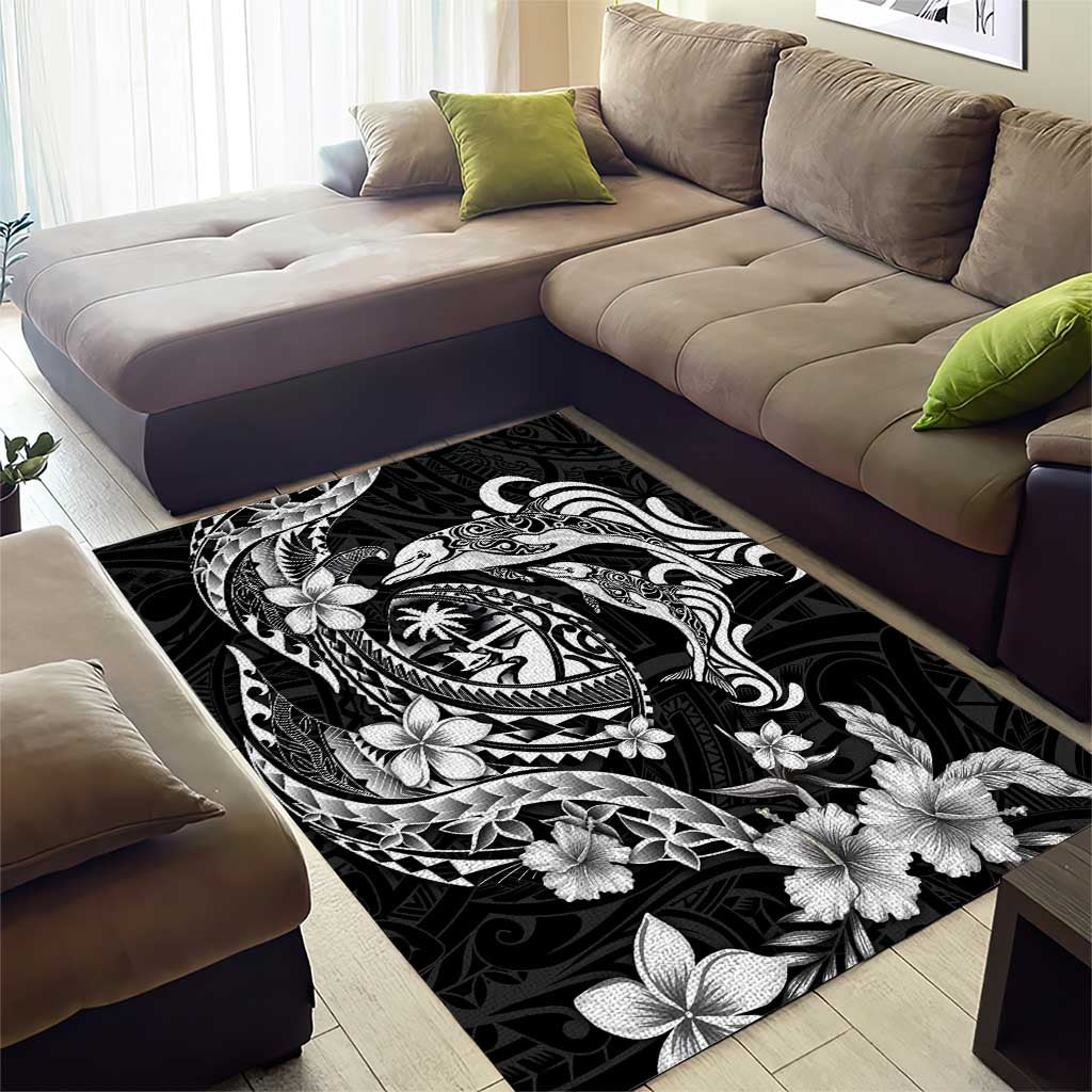 Guam Dolphins Tribal Tattoo Area Rug Polynesian Art and Tropical Flower Grayscale LT03 - Polynesian Pride