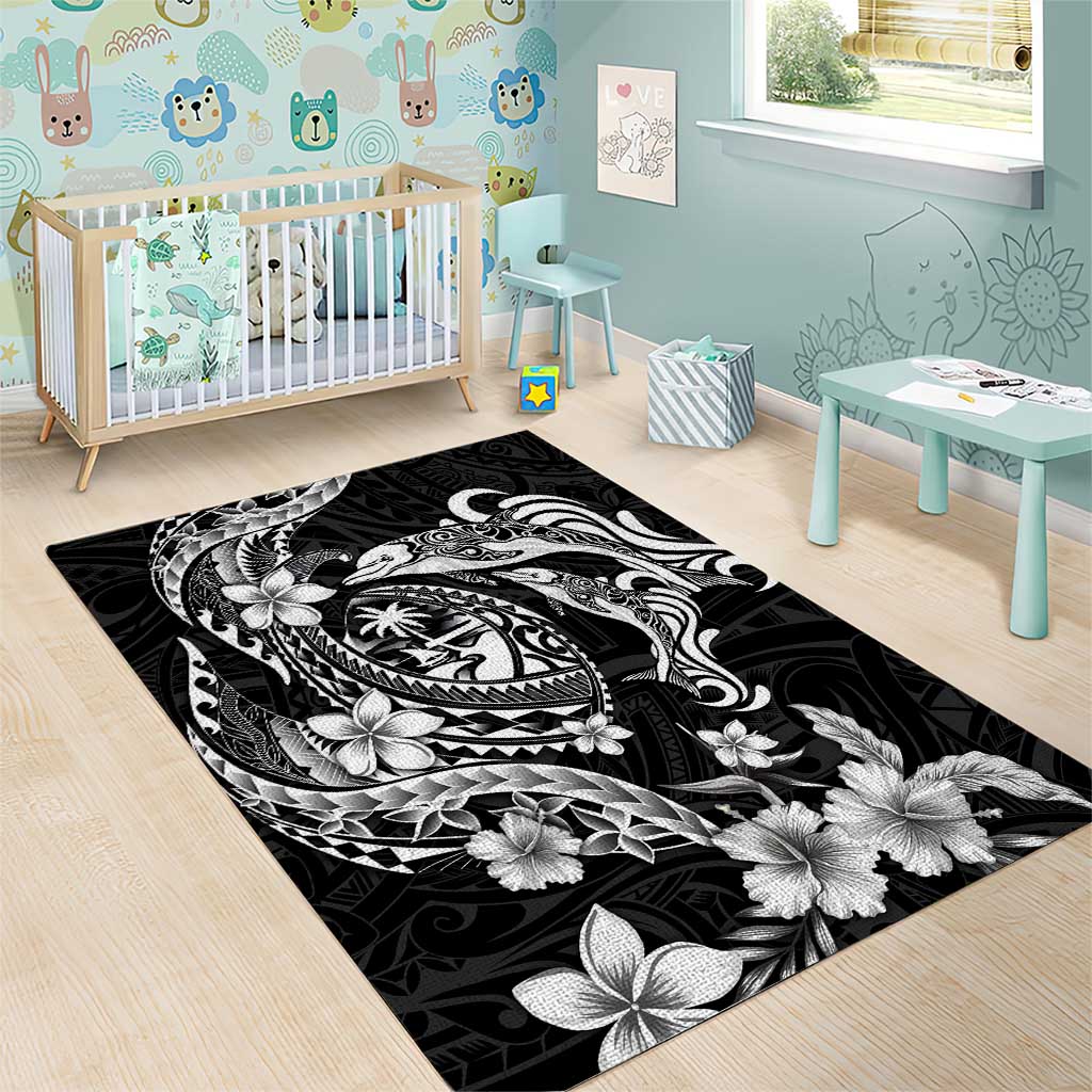 Guam Dolphins Tribal Tattoo Area Rug Polynesian Art and Tropical Flower Grayscale LT03 - Polynesian Pride