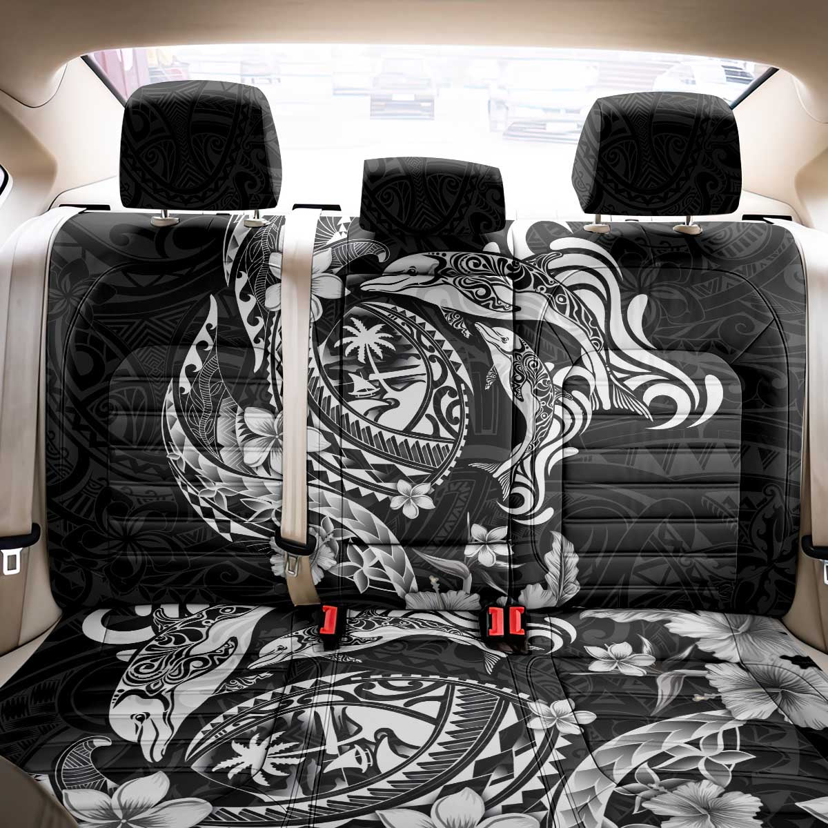 Guam Dolphins Tribal Tattoo Back Car Seat Cover Polynesian Art and Tropical Flower Grayscale
