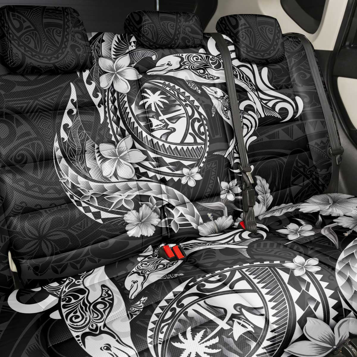 Guam Dolphins Tribal Tattoo Back Car Seat Cover Polynesian Art and Tropical Flower Grayscale