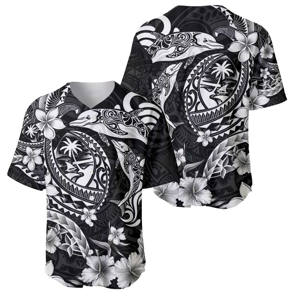 Guam Dolphins Tribal Tattoo Baseball Jersey Polynesian Art and Tropical Flower Grayscale