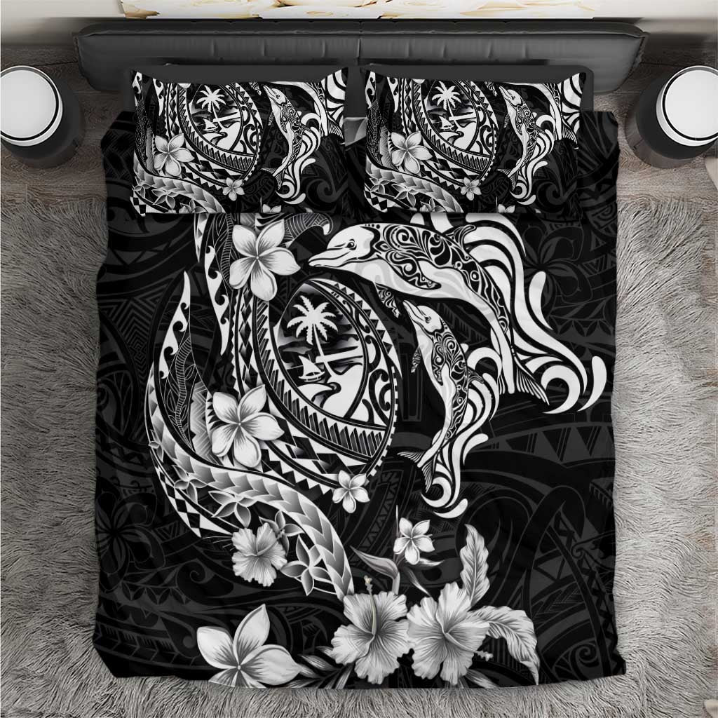 Guam Dolphins Tribal Tattoo Bedding Set Polynesian Art and Tropical Flower Grayscale
