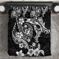 Guam Dolphins Tribal Tattoo Bedding Set Polynesian Art and Tropical Flower Grayscale