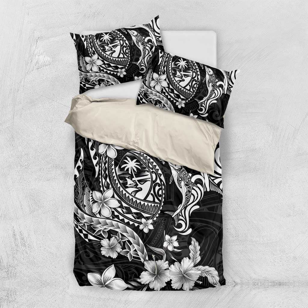 Guam Dolphins Tribal Tattoo Bedding Set Polynesian Art and Tropical Flower Grayscale