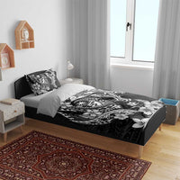 Guam Dolphins Tribal Tattoo Bedding Set Polynesian Art and Tropical Flower Grayscale