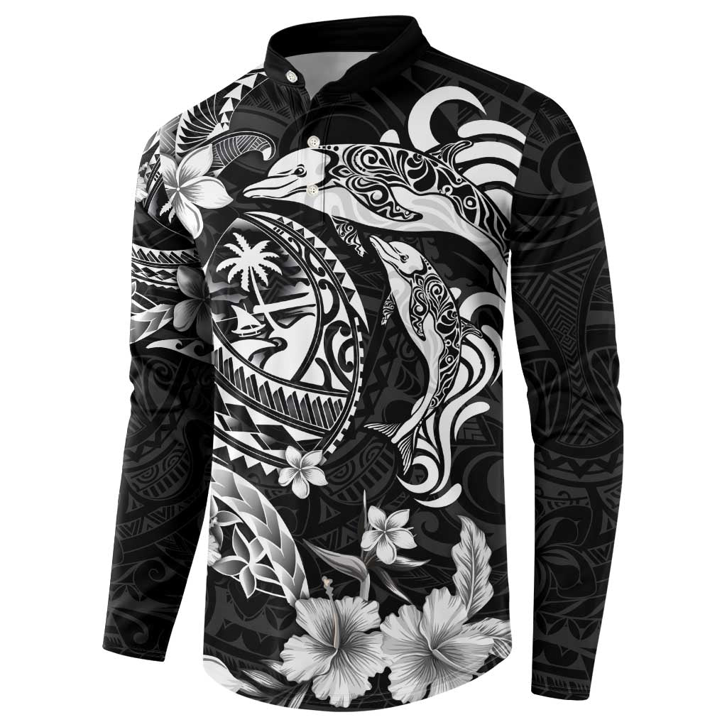 Guam Dolphins Tribal Tattoo Button Sweatshirt Polynesian Art and Tropical Flower Grayscale