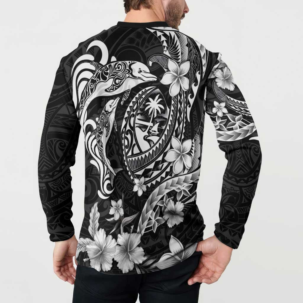 Guam Dolphins Tribal Tattoo Button Sweatshirt Polynesian Art and Tropical Flower Grayscale