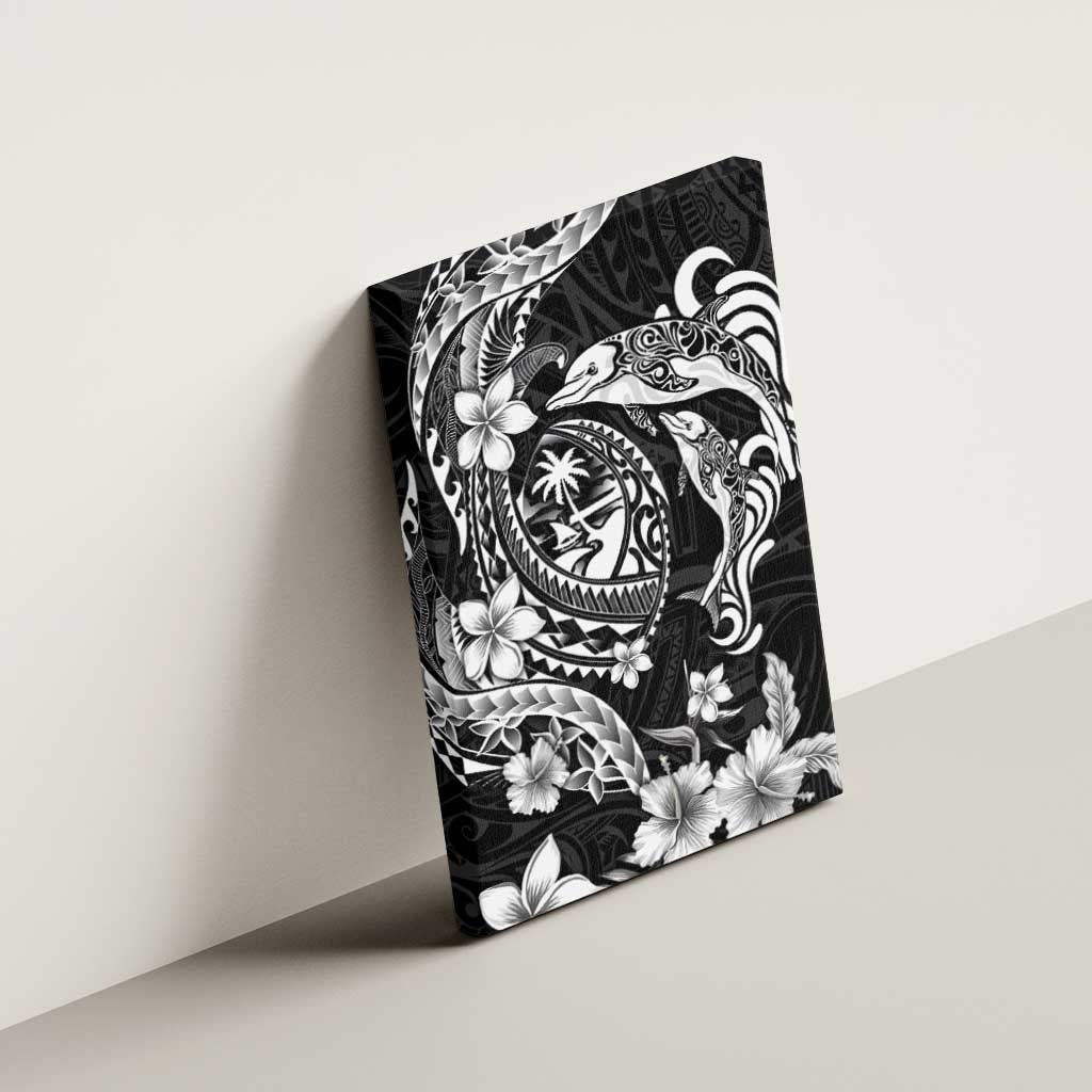 Guam Dolphins Tribal Tattoo Canvas Wall Art Polynesian Art and Tropical Flower Grayscale
