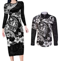 Guam Dolphins Tribal Tattoo Couples Matching Long Sleeve Bodycon Dress and Long Sleeve Button Shirt Polynesian Art and Tropical Flower Grayscale