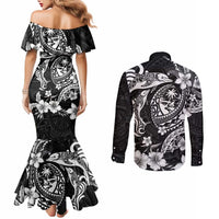 Guam Dolphins Tribal Tattoo Couples Matching Mermaid Dress and Long Sleeve Button Shirt Polynesian Art and Tropical Flower Grayscale