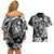 Guam Dolphins Tribal Tattoo Couples Matching Off Shoulder Short Dress and Hawaiian Shirt Polynesian Art and Tropical Flower Grayscale