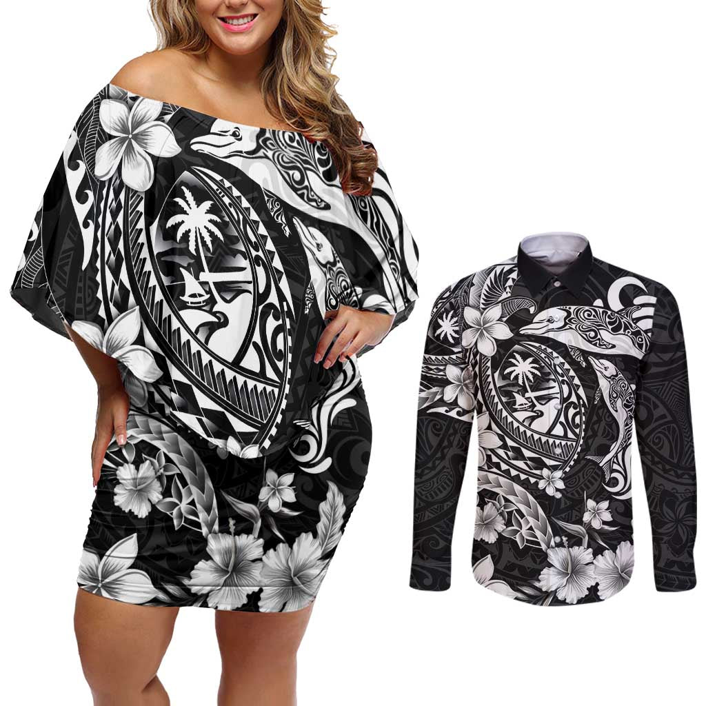 Guam Dolphins Tribal Tattoo Couples Matching Off Shoulder Short Dress and Long Sleeve Button Shirt Polynesian Art and Tropical Flower Grayscale