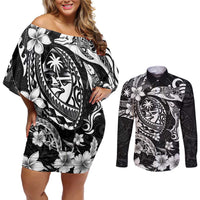 Guam Dolphins Tribal Tattoo Couples Matching Off Shoulder Short Dress and Long Sleeve Button Shirt Polynesian Art and Tropical Flower Grayscale