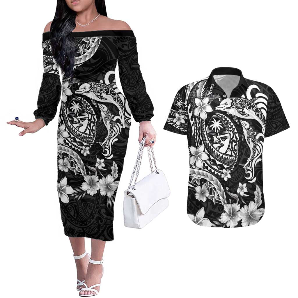 Guam Dolphins Tribal Tattoo Couples Matching Off The Shoulder Long Sleeve Dress and Hawaiian Shirt Polynesian Art and Tropical Flower Grayscale