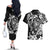 Guam Dolphins Tribal Tattoo Couples Matching Off The Shoulder Long Sleeve Dress and Hawaiian Shirt Polynesian Art and Tropical Flower Grayscale