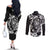 Guam Dolphins Tribal Tattoo Couples Matching Off The Shoulder Long Sleeve Dress and Long Sleeve Button Shirt Polynesian Art and Tropical Flower Grayscale