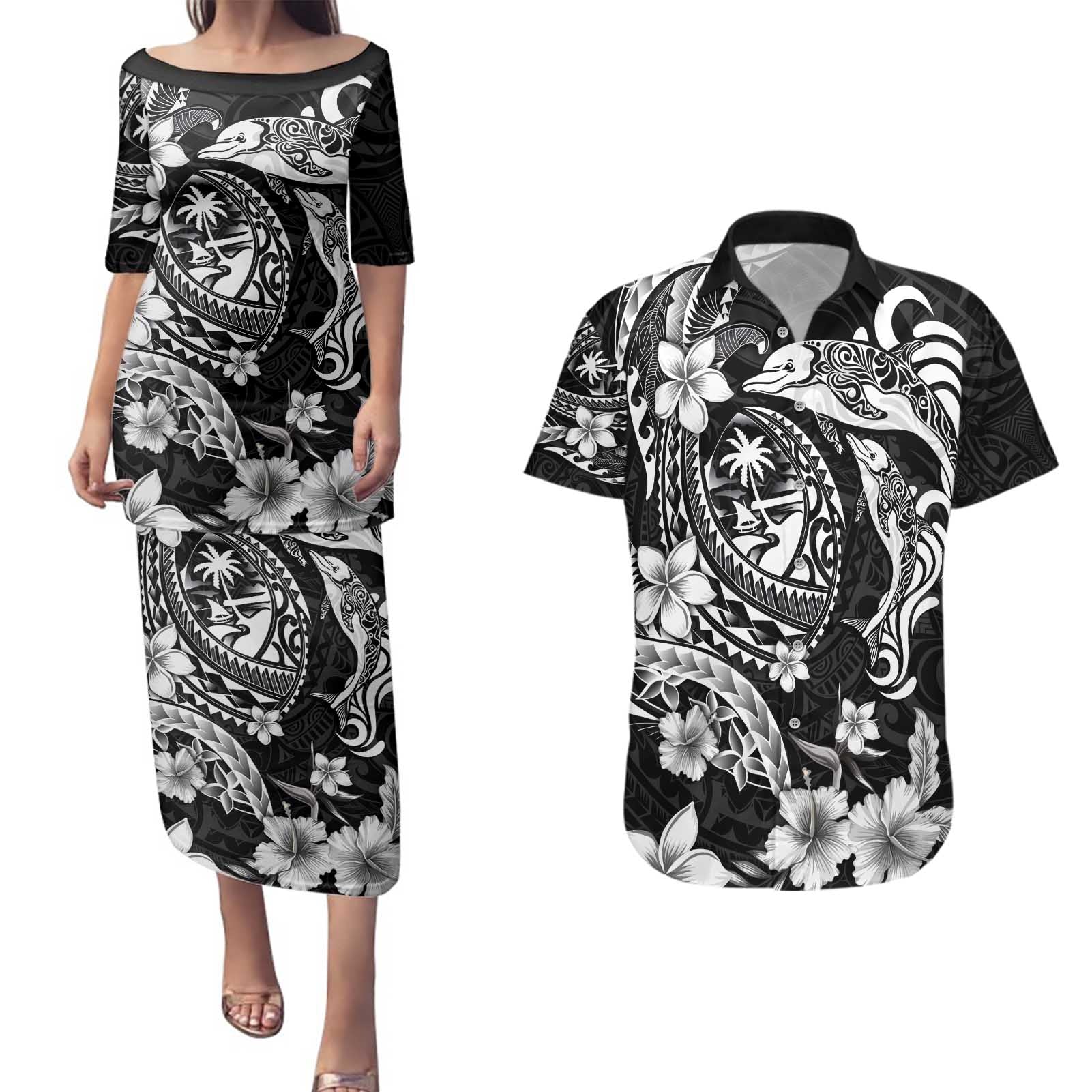 Guam Dolphins Tribal Tattoo Couples Matching Puletasi and Hawaiian Shirt Polynesian Art and Tropical Flower Grayscale