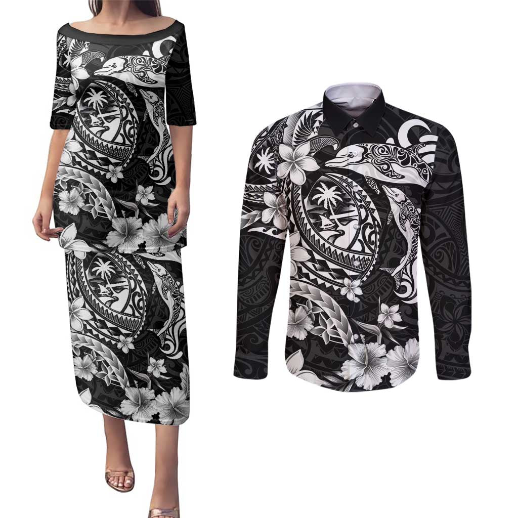 Guam Dolphins Tribal Tattoo Couples Matching Puletasi and Long Sleeve Button Shirt Polynesian Art and Tropical Flower Grayscale