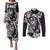 Guam Dolphins Tribal Tattoo Couples Matching Puletasi and Long Sleeve Button Shirt Polynesian Art and Tropical Flower Grayscale