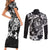 Guam Dolphins Tribal Tattoo Couples Matching Short Sleeve Bodycon Dress and Long Sleeve Button Shirt Polynesian Art and Tropical Flower Grayscale