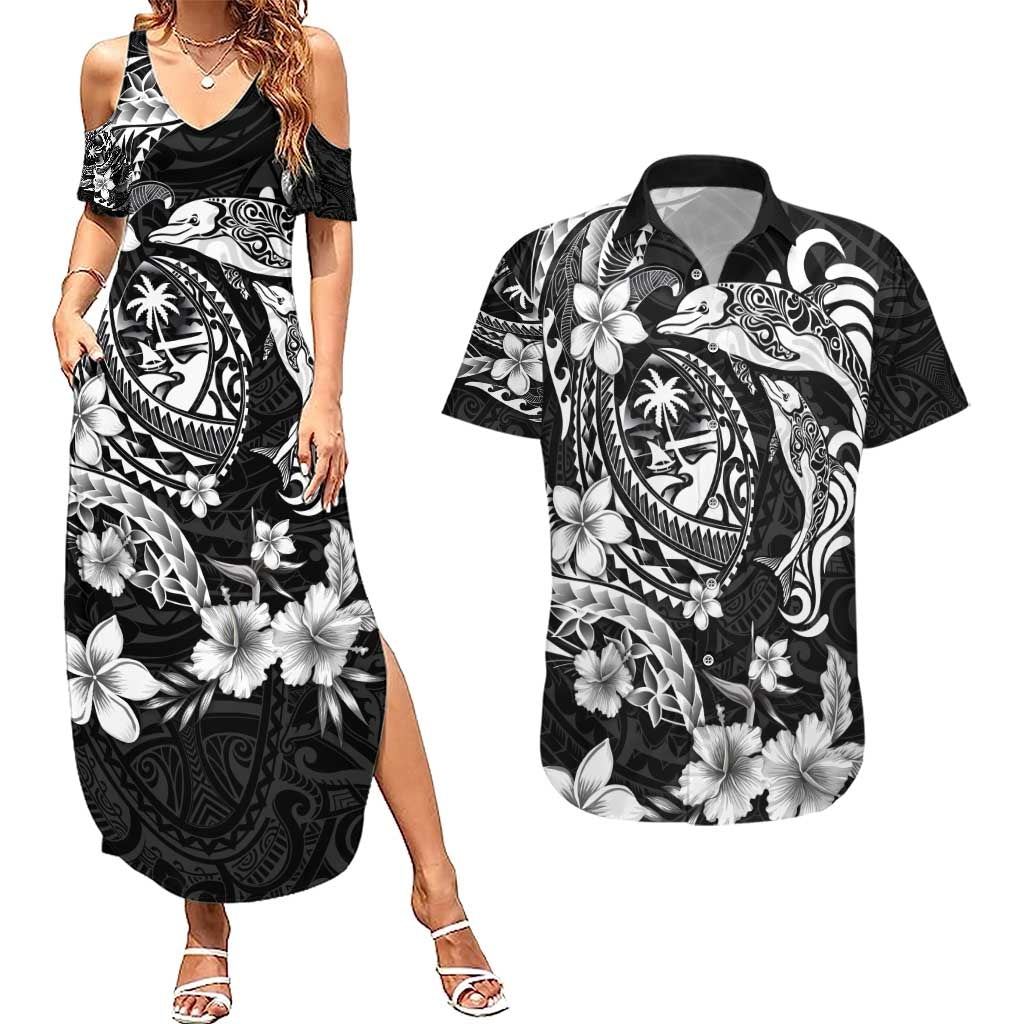 Guam Dolphins Tribal Tattoo Couples Matching Summer Maxi Dress and Hawaiian Shirt Polynesian Art and Tropical Flower Grayscale