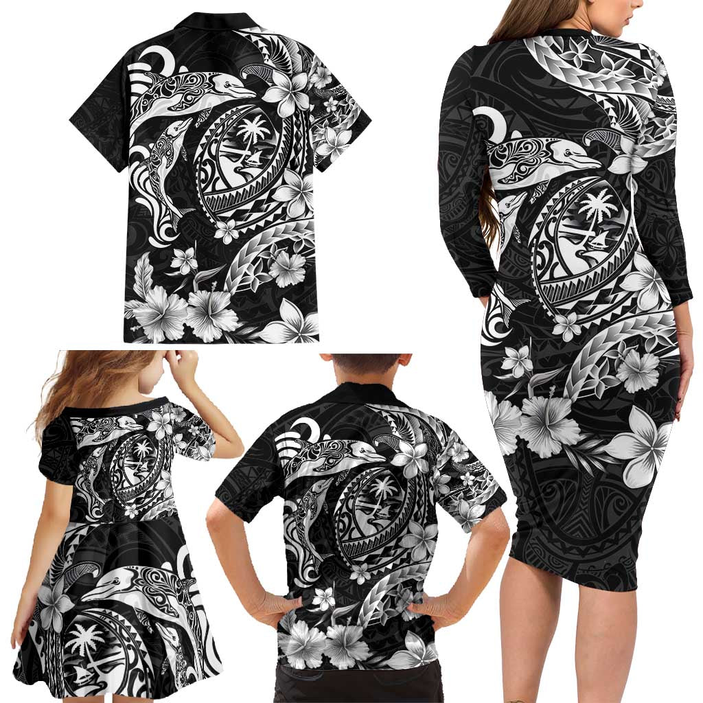 Guam Dolphins Tribal Tattoo Family Matching Long Sleeve Bodycon Dress and Hawaiian Shirt Polynesian Art and Tropical Flower Grayscale