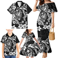 Guam Dolphins Tribal Tattoo Family Matching Mermaid Dress and Hawaiian Shirt Polynesian Art and Tropical Flower Grayscale