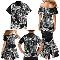 Guam Dolphins Tribal Tattoo Family Matching Mermaid Dress and Hawaiian Shirt Polynesian Art and Tropical Flower Grayscale