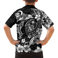 Guam Dolphins Tribal Tattoo Family Matching Off The Shoulder Long Sleeve Dress and Hawaiian Shirt Polynesian Art and Tropical Flower Grayscale
