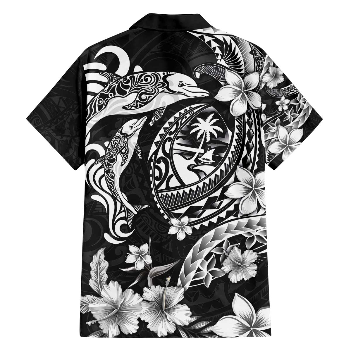 Guam Dolphins Tribal Tattoo Family Matching Off The Shoulder Long Sleeve Dress and Hawaiian Shirt Polynesian Art and Tropical Flower Grayscale