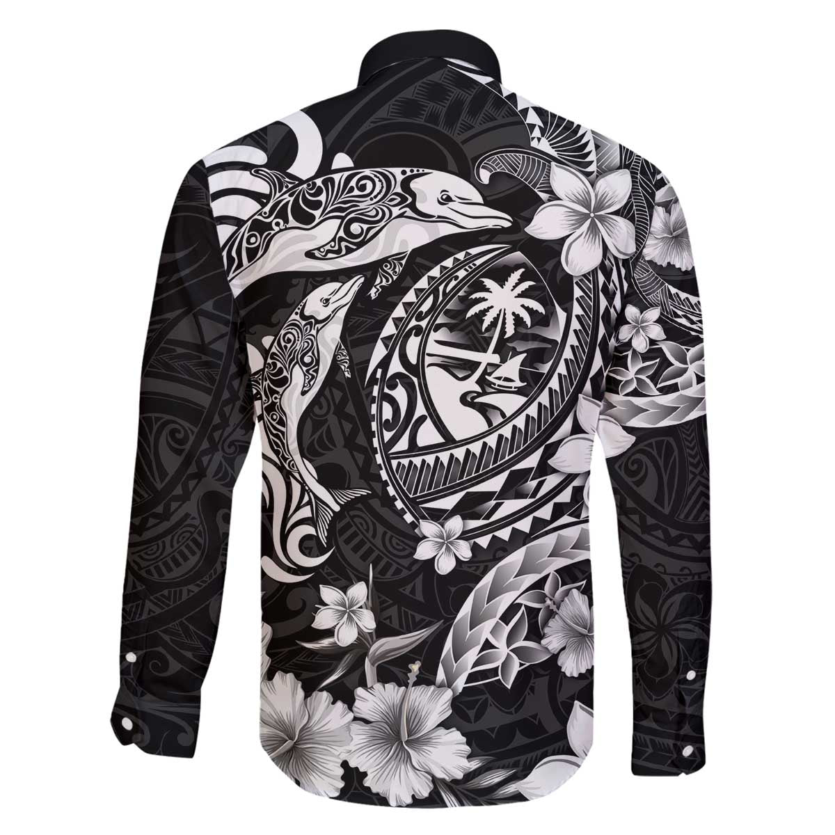 Guam Dolphins Tribal Tattoo Family Matching Off The Shoulder Long Sleeve Dress and Hawaiian Shirt Polynesian Art and Tropical Flower Grayscale