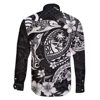 Guam Dolphins Tribal Tattoo Family Matching Off The Shoulder Long Sleeve Dress and Hawaiian Shirt Polynesian Art and Tropical Flower Grayscale