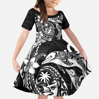 Guam Dolphins Tribal Tattoo Family Matching Off Shoulder Maxi Dress and Hawaiian Shirt Polynesian Art and Tropical Flower Grayscale