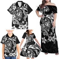 Guam Dolphins Tribal Tattoo Family Matching Off Shoulder Maxi Dress and Hawaiian Shirt Polynesian Art and Tropical Flower Grayscale