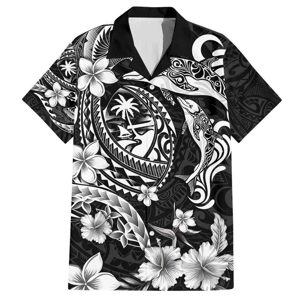 Guam Dolphins Tribal Tattoo Family Matching Off Shoulder Maxi Dress and Hawaiian Shirt Polynesian Art and Tropical Flower Grayscale