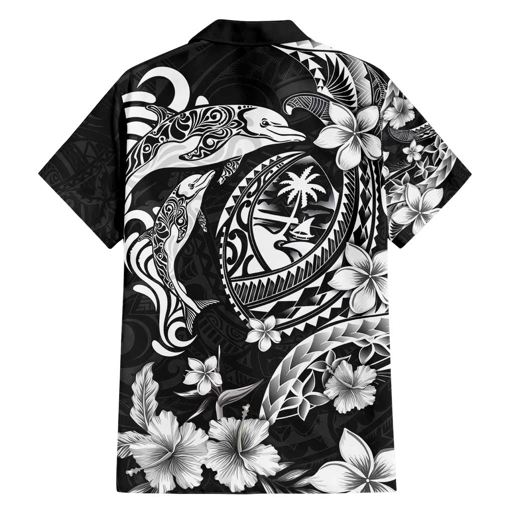 Guam Dolphins Tribal Tattoo Family Matching Off Shoulder Maxi Dress and Hawaiian Shirt Polynesian Art and Tropical Flower Grayscale