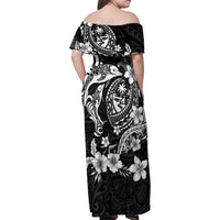 Guam Dolphins Tribal Tattoo Family Matching Off Shoulder Maxi Dress and Hawaiian Shirt Polynesian Art and Tropical Flower Grayscale