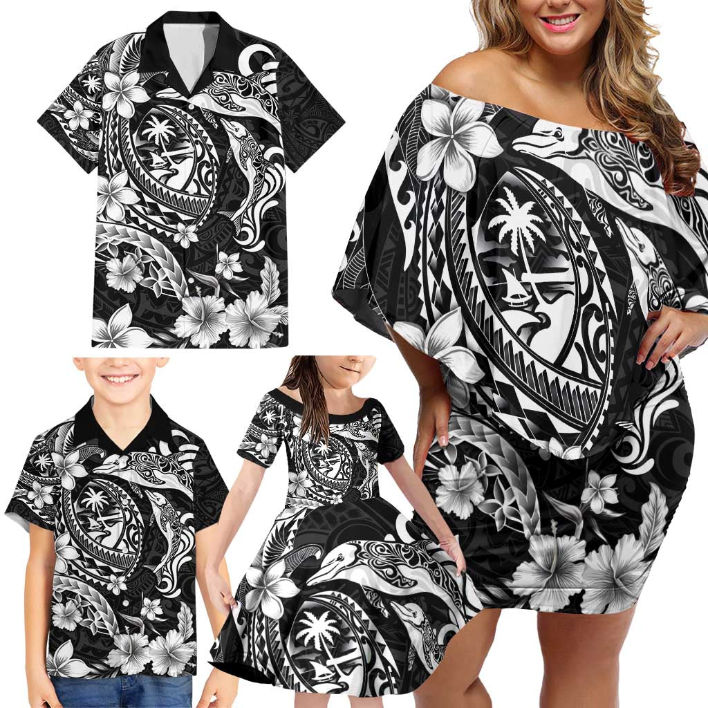 Guam Dolphins Tribal Tattoo Family Matching Off Shoulder Short Dress and Hawaiian Shirt Polynesian Art and Tropical Flower Grayscale