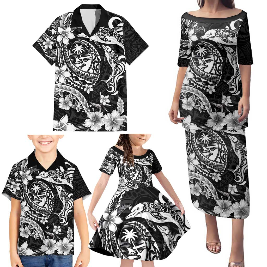 Guam Dolphins Tribal Tattoo Family Matching Puletasi and Hawaiian Shirt Polynesian Art and Tropical Flower Grayscale