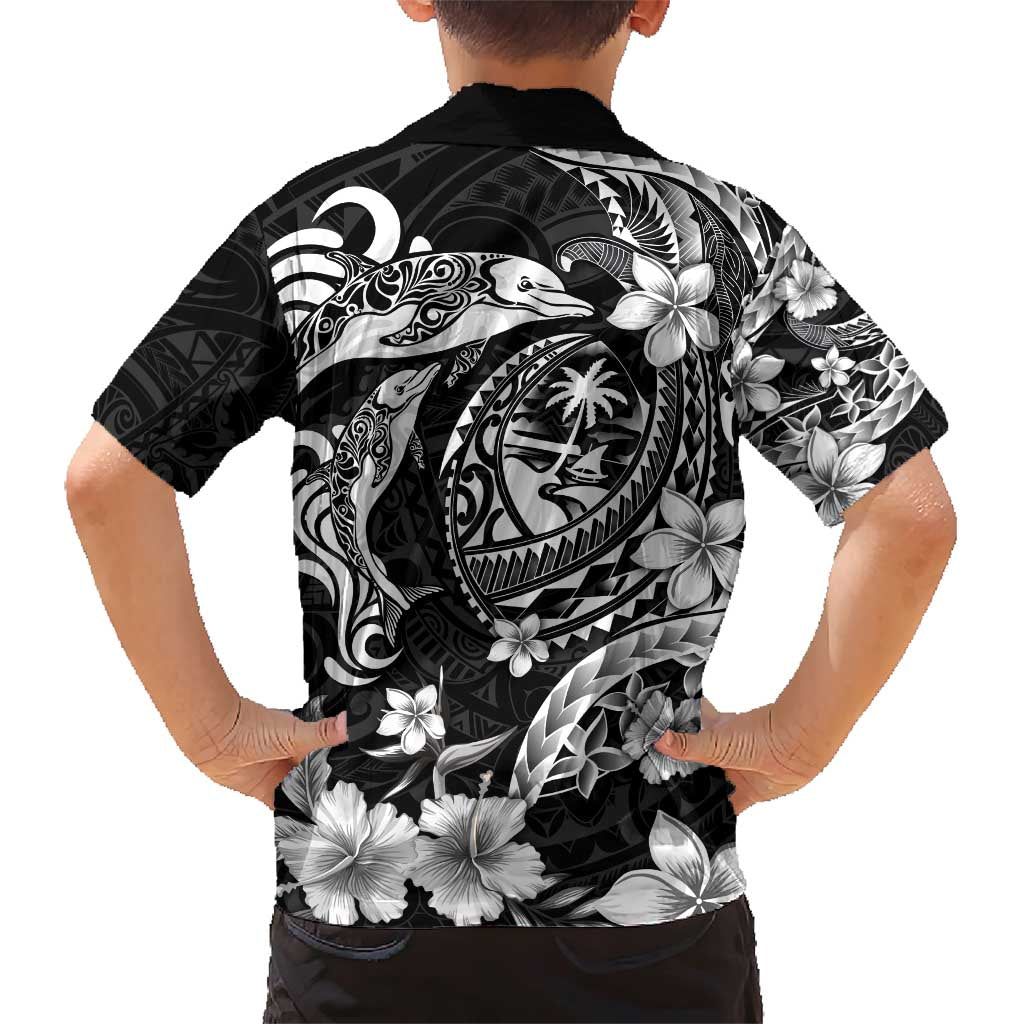Guam Dolphins Tribal Tattoo Family Matching Short Sleeve Bodycon Dress and Hawaiian Shirt Polynesian Art and Tropical Flower Grayscale
