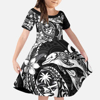 Guam Dolphins Tribal Tattoo Family Matching Summer Maxi Dress and Hawaiian Shirt Polynesian Art and Tropical Flower Grayscale