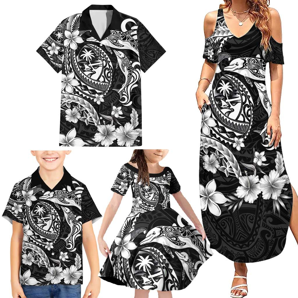 Guam Dolphins Tribal Tattoo Family Matching Summer Maxi Dress and Hawaiian Shirt Polynesian Art and Tropical Flower Grayscale