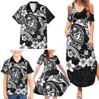 Guam Dolphins Tribal Tattoo Family Matching Summer Maxi Dress and Hawaiian Shirt Polynesian Art and Tropical Flower Grayscale